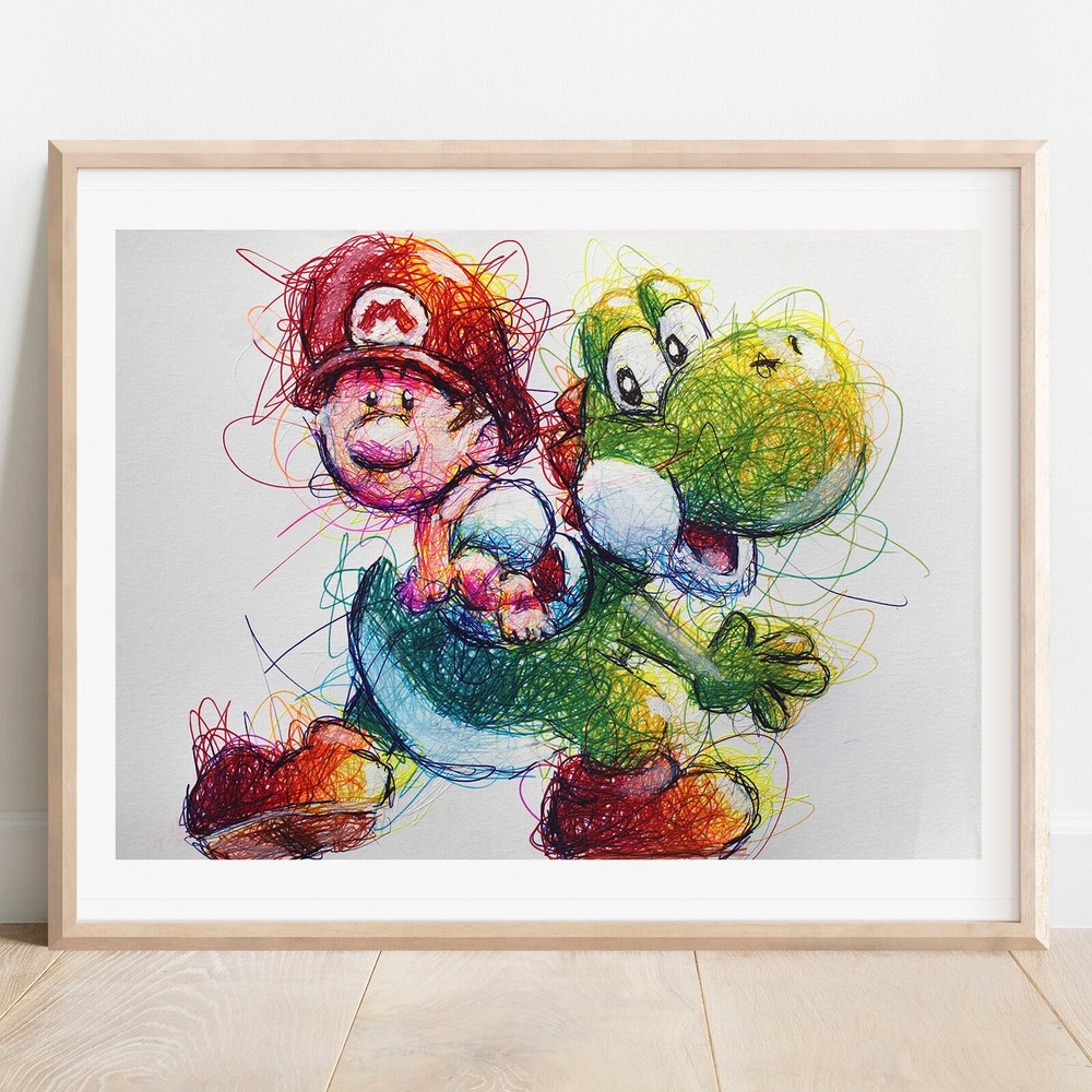 Baby Mario Ballpoint Pen Print, Yoshi’s Island Art Poster