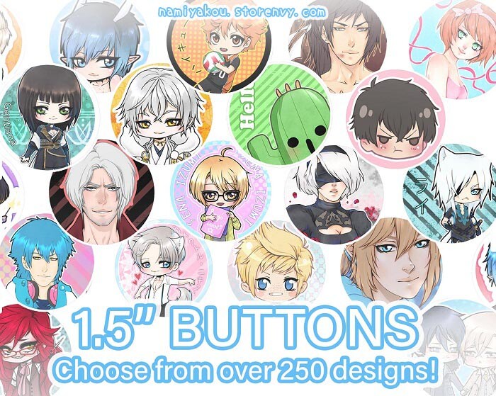 1.5″ PINS, Manga Anime Pin Back Buttons YOI DMMd FFXV AOT MHW NieR Kawaii Yaoi