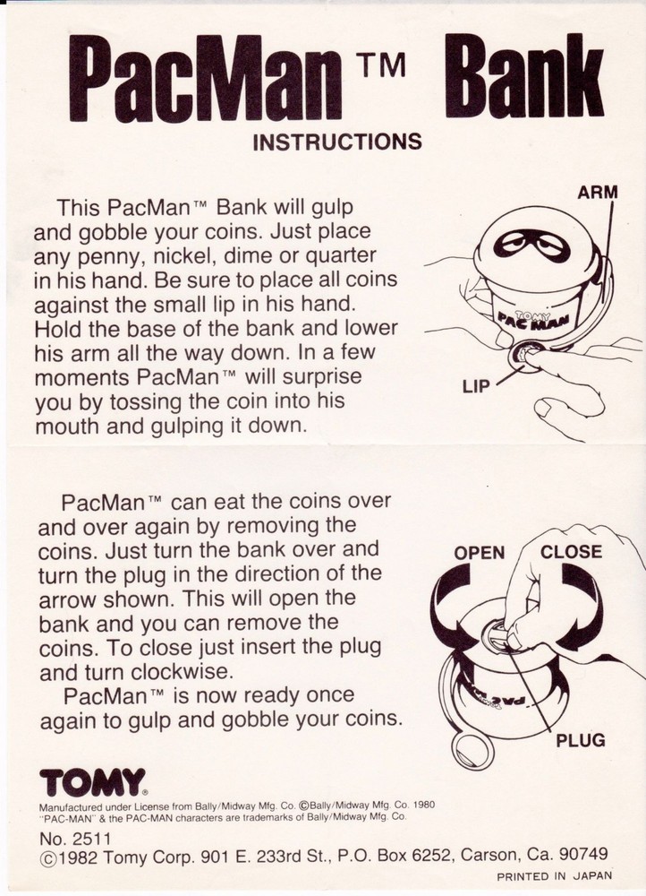 1982 Pac-Man Bank Instructions Tomy Original Insert Sheet Bally Midway Japan