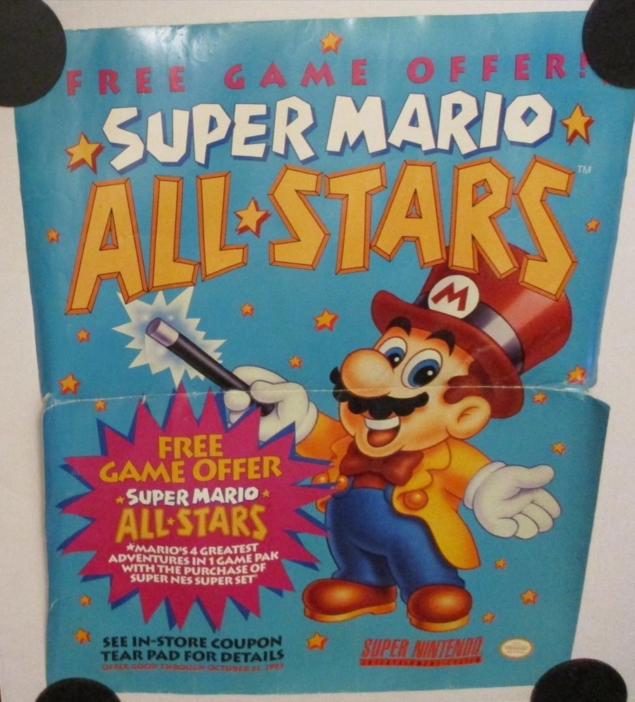 Nintendo Super Mario All Stars Display Store Retail Promo Poster 22×28 SNES N64