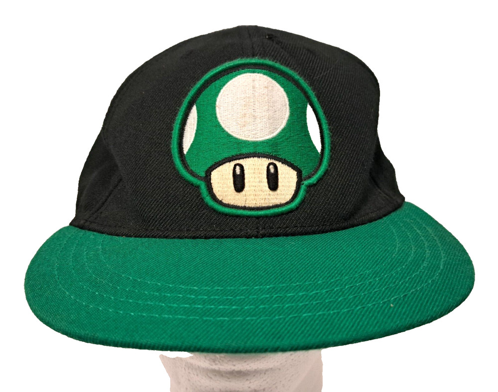 1 UP MUSHROOM Hat Super Mario Bros Fitted Cap Green Black Power Up OSFM