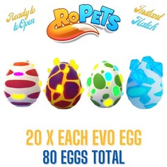 Ropets Evo Egg Deal – 20 Each Egg 80 Evo Eggs Total Red, Green, Blue, Mythic Evo