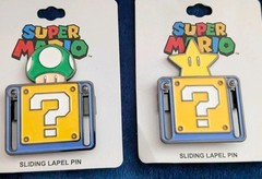 New! Lot Of 2 Super Mario Sliding Lapel Pins! Block Power Star & 1Up Mushroom