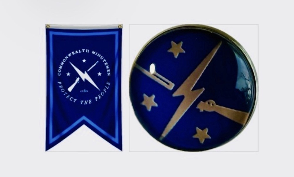 FALLOUT COMMONWEALTH MINUTE MEN LOGO LAPEL PIN & Cloth BANNER Game Memorabilia