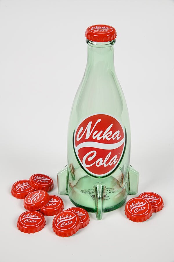 Fallout Nuka-Cola Glass Bottle + 10 Bottle Caps Rocket Replica Figure