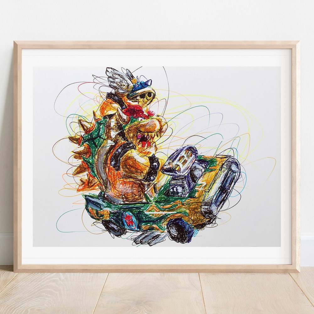 Bowser Kart Ballpoint Pen Print, Super Mario Art Poster