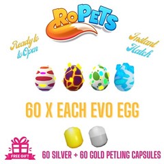 Ropets Evo Egg Deal – 60 Each Evo Egg – Red, Green, Blue, Mythic Evo UK