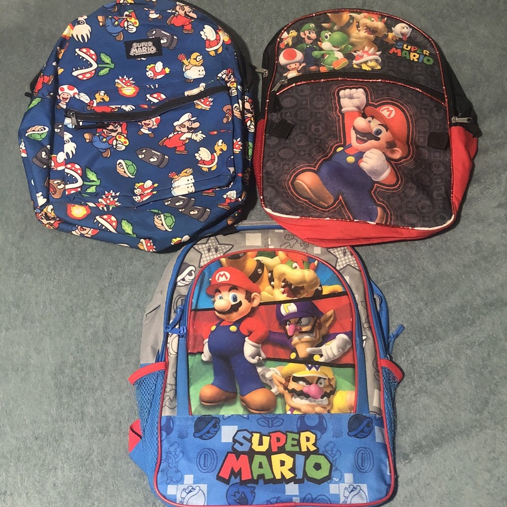 Nintendo Super Mario School Lot of 3 Backpacks, Blue Red Luigi Bowser Used