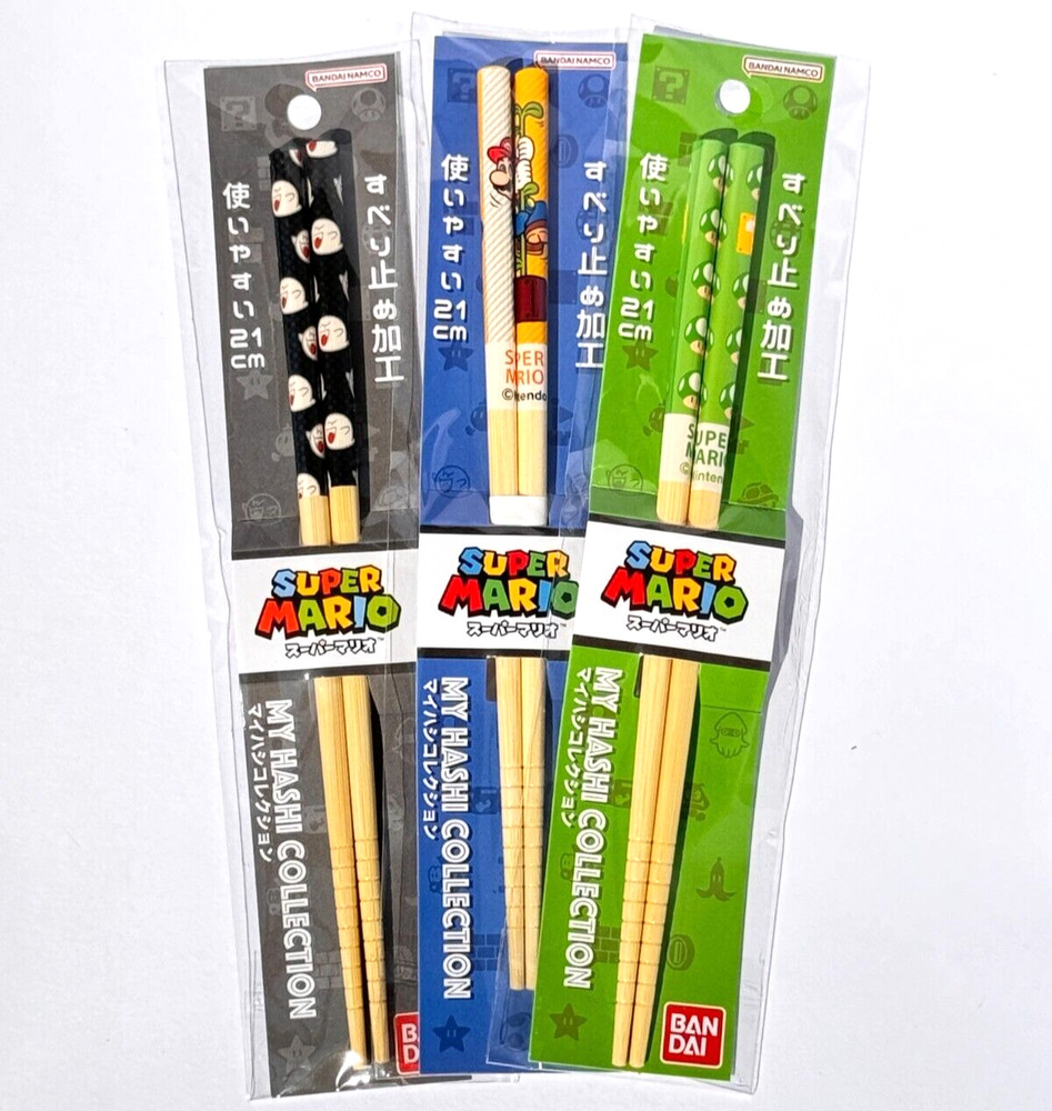 Super Mario Chopsticks set of 3 Nintendo w/ Nitendo Tokyo store original shopper