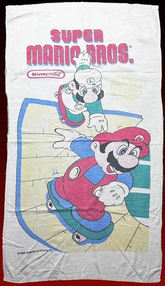 Vintage Super Mario Brothers Beach Towel Rare Skateboard Design 1988