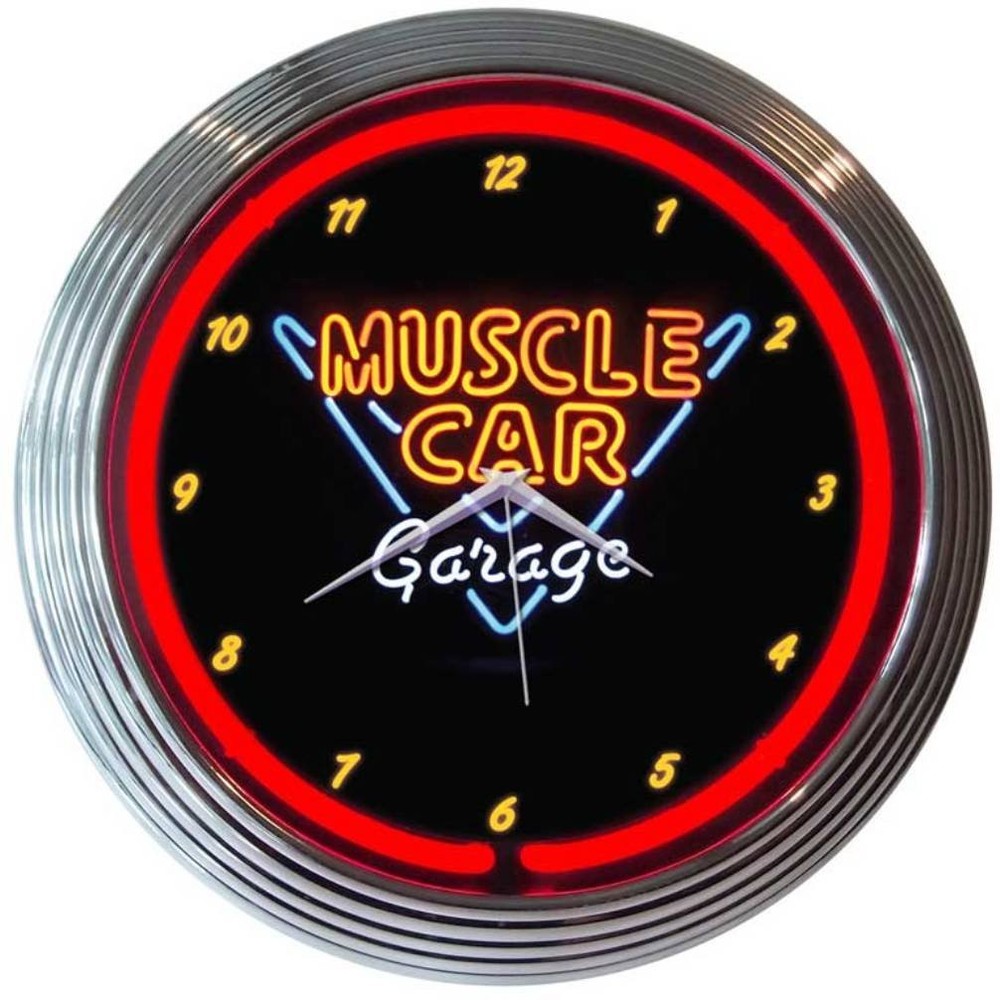 Muscle Car Garage Neon Clock 15-Inch, Multicolor