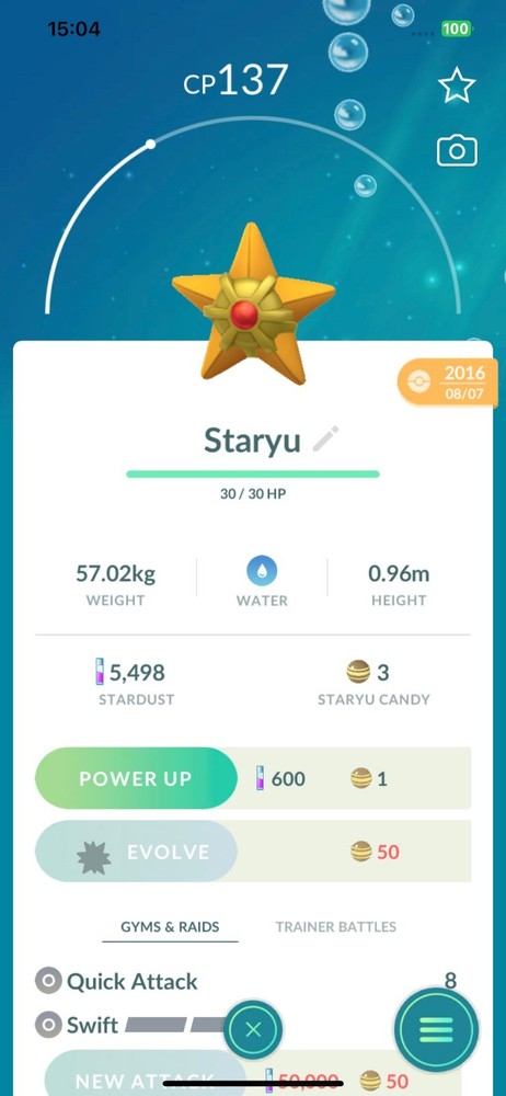 Staryu With Move Legacy Quick Attack – PVP League – TRADE – Read Description
