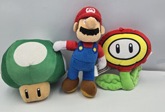 Super Mario Plush, Fire Flower And Green 1 Up Mushroom Plush Lot