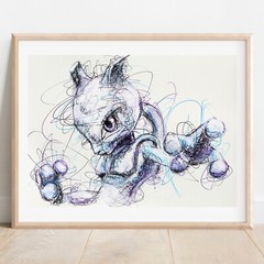 Mewtwo Ballpoint Pen Print, Pokemon Art Poster
