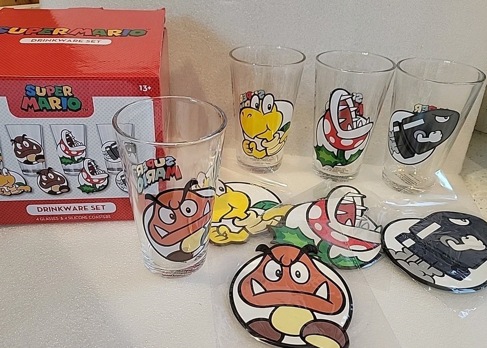 NEW Set of 4 Nintendo Super Mario Drinking Glasses Goomb, Bullet Bill Coasters