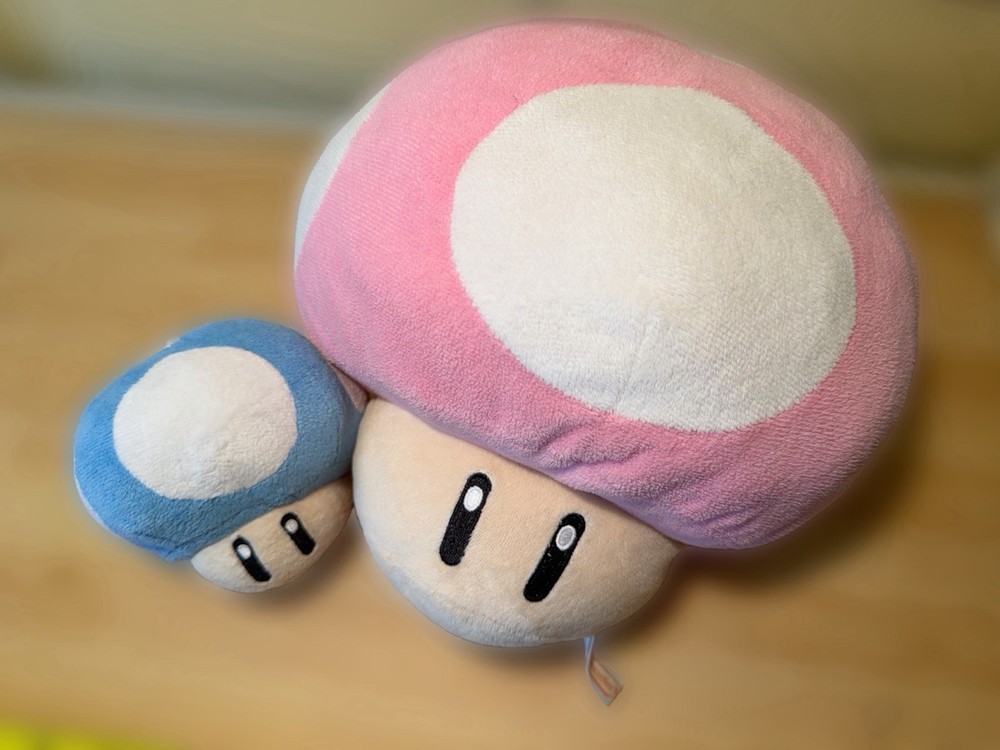Nintendo Mushroom Plush Set of 2 Large Pink (RARE) & Medium Blue Super Mario