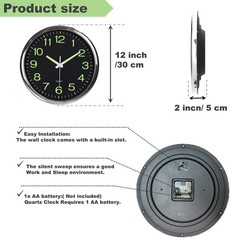 AERFAS 12 Inches Night Light Wall Clocks – with Silent Large, Black